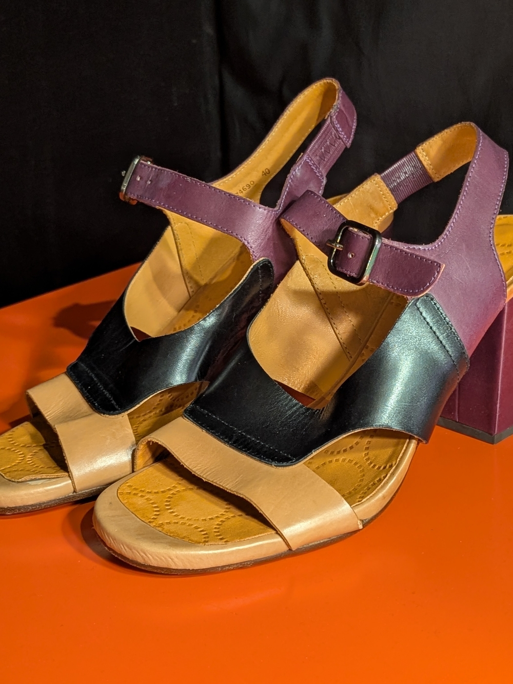 Chie Mihara Color-Block Leather Heels in Purple, Black & Tan EUR 40 US 9.5